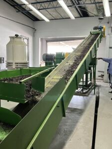 CARIRI CSIR Collaboration Small Scale Rubber Crumb Plant in Operation Conveyor Belt processing tyre strips into rubber crumb and powder