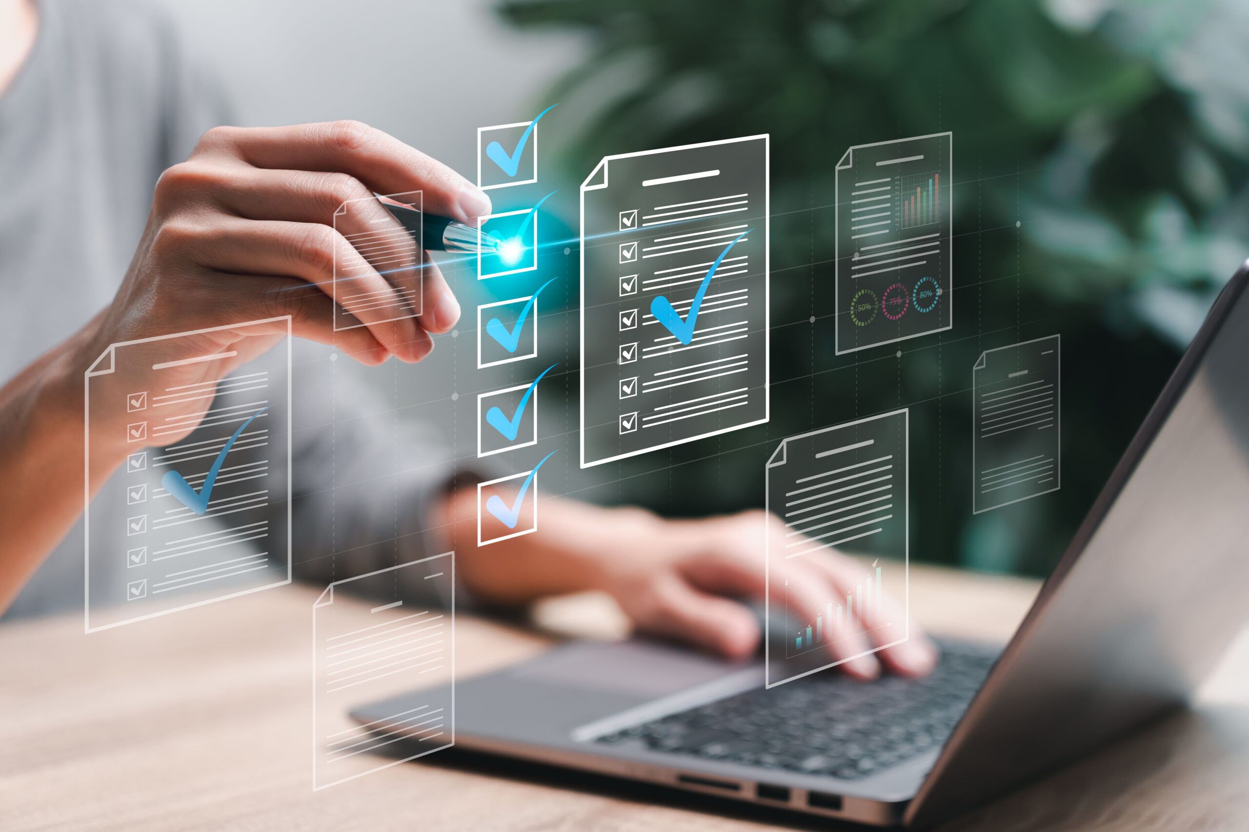 Document management concept, Businesswomen check electronic documents on digital documents on virtual screen Document Management System and process automation to efficiently document paperless operate