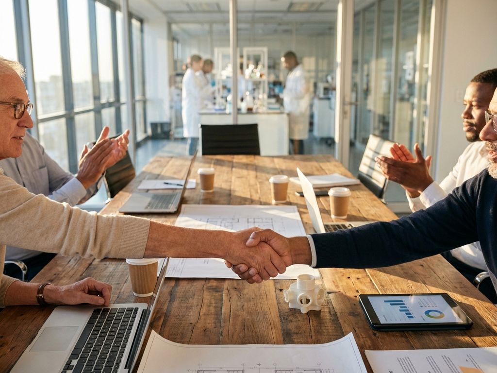 Diverse business professionals and researchers collaborating around conference table with laptops and prototypes in modern office