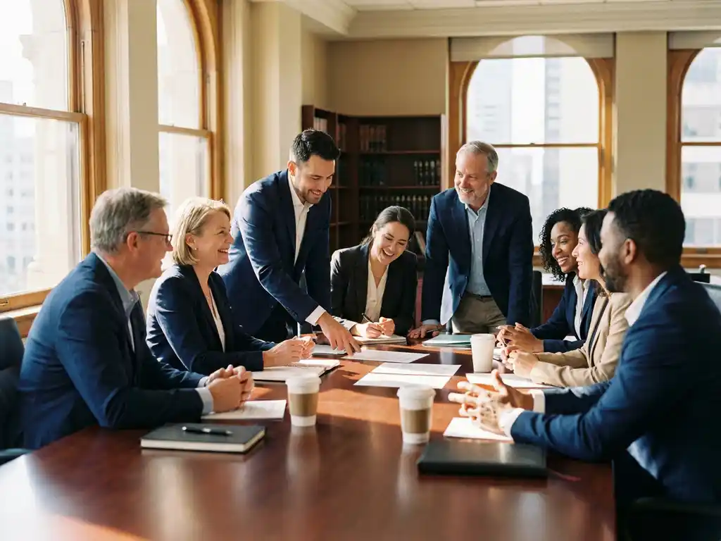 Diverse researchers and industry professionals in animated discussion around polished conference table with scattered documents and notebooks in warm natural light
