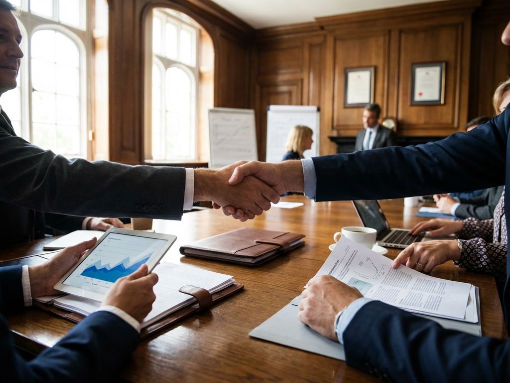 Diverse business professionals shaking hands across conference table with research documents and tablets in boardroom