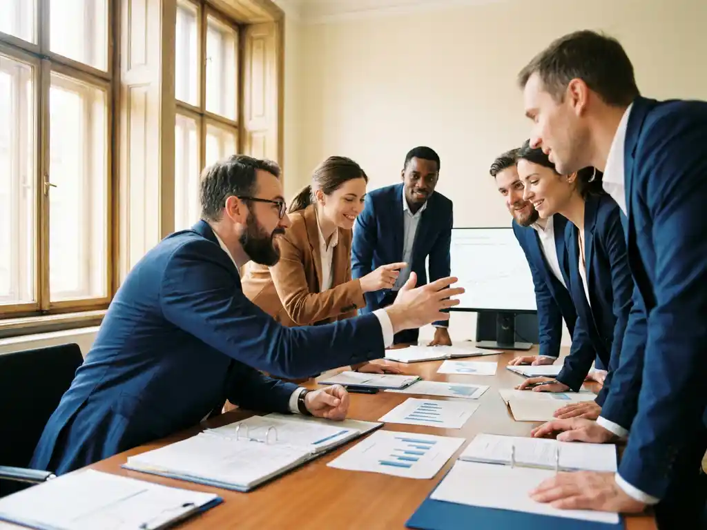 Business professionals discussing data charts around conference table with scattered documents and natural lighting