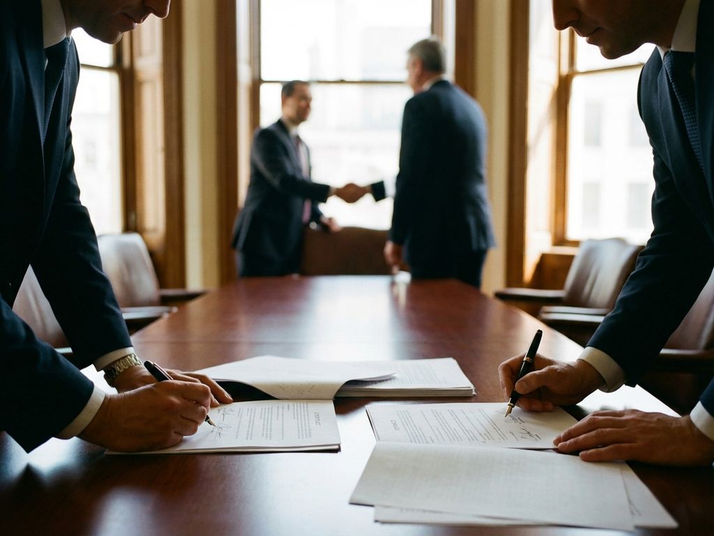 Two business professionals in suits signing legal contracts at mahogany conference table in bright office
