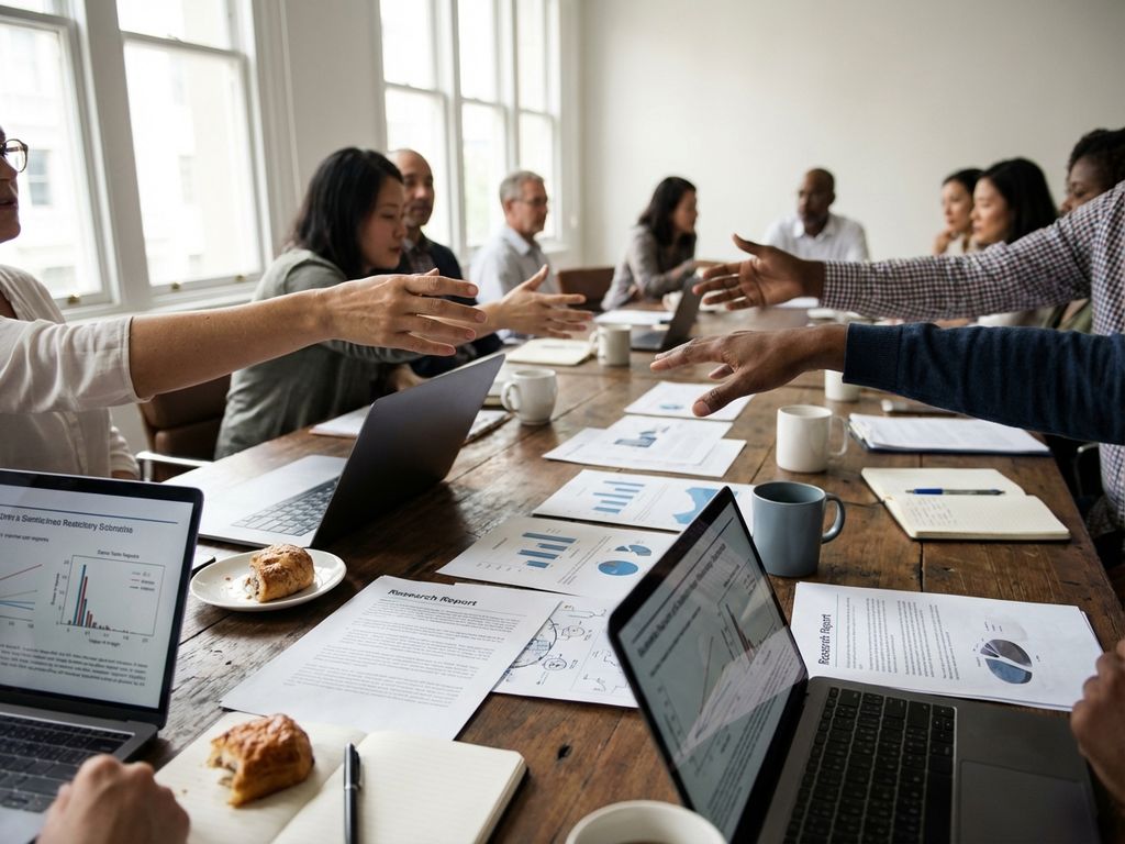 Diverse team collaborating around conference table with research documents, laptops, and data charts in bright meeting room.