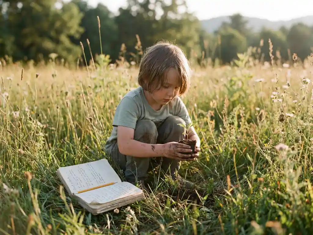 Child kneeling in a sunlit meadow, cradling a small seedling in soil-covered hands, with wildflowers and a researcher's notebook nearby.