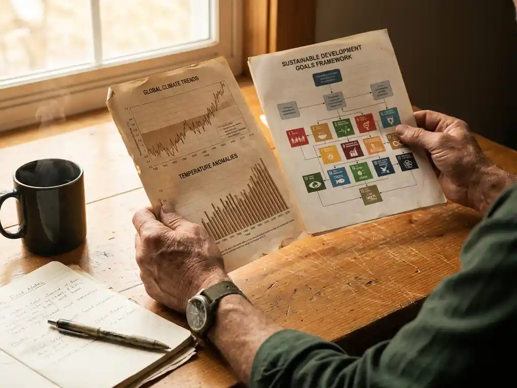Researcher's weathered hands comparing climate data charts and development goals framework documents on a sunlit wooden desk with coffee and field notes.