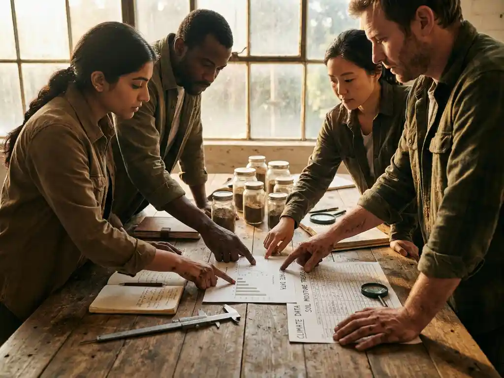 Diverse researchers collaborating over climate data sheets, soil samples, and field notes on wooden table with natural sunlight