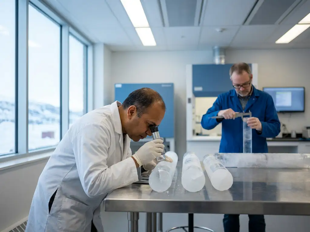 Climate researcher in white lab coat examining ice core samples on steel table in modern laboratory with natural lighting