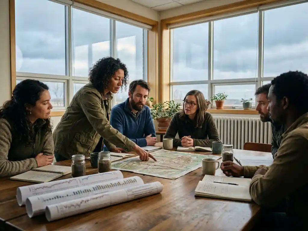 Diverse research team reviewing climate data charts and topographic maps around a table covered in soil samples and field notebooks.