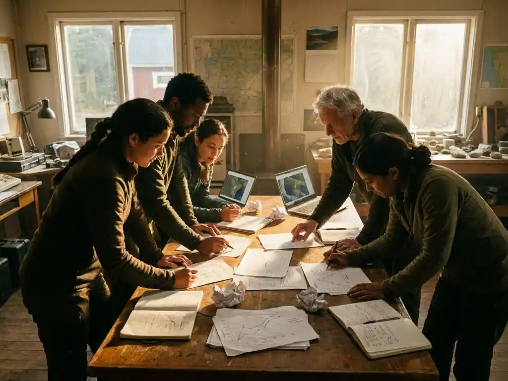 Diverse researchers discussing climate data charts and field notebooks around weathered wooden table in warm sunlight