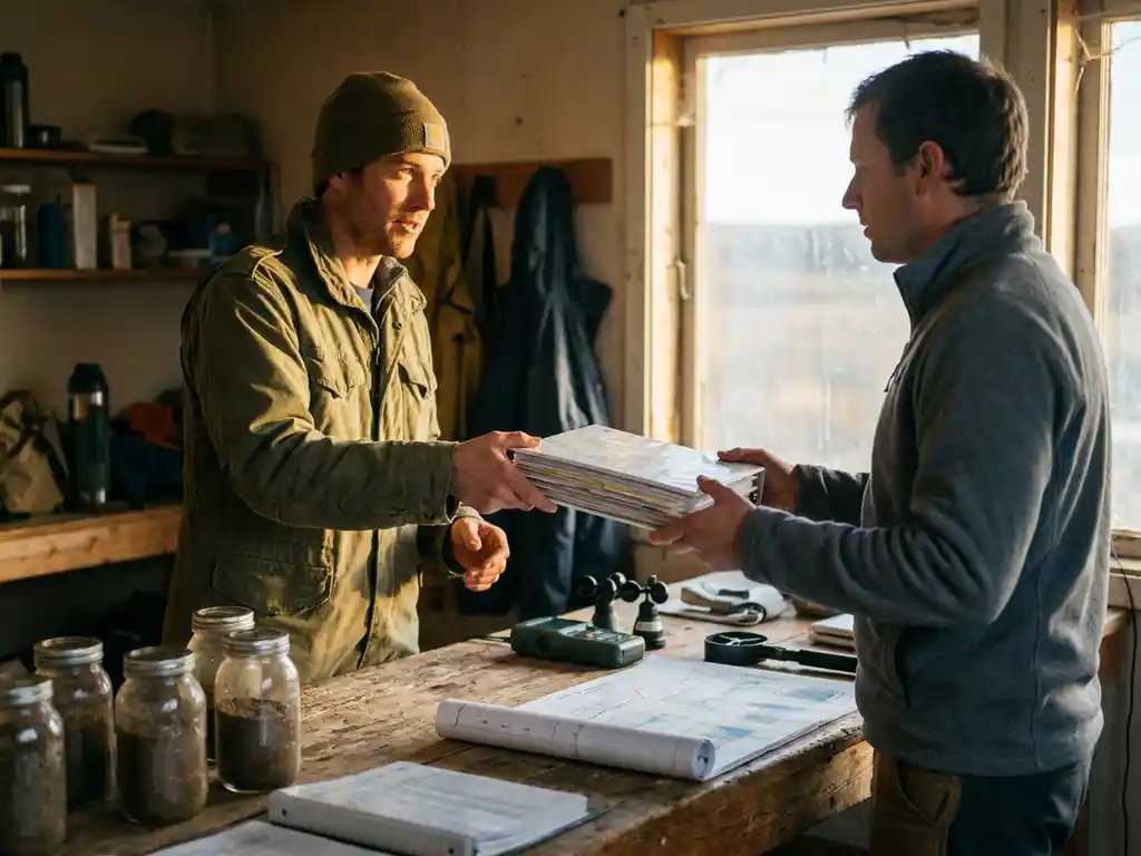 Climate scientist handing a research binder to a colleague at a table with soil samples, wind tools, and data charts in warm afternoon light.