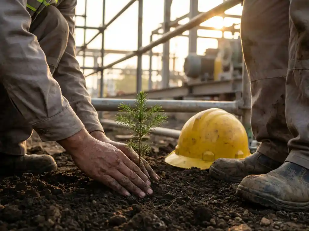 Coal miner's weathered hands planting green sapling in dark soil, yellow hard hat visible, industrial scaffolding in background