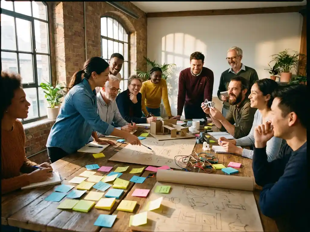 Diverse team of researchers collaborating around wooden conference table covered with colorful sticky notes, sketches, and prototypes in sunlit meeting room.
