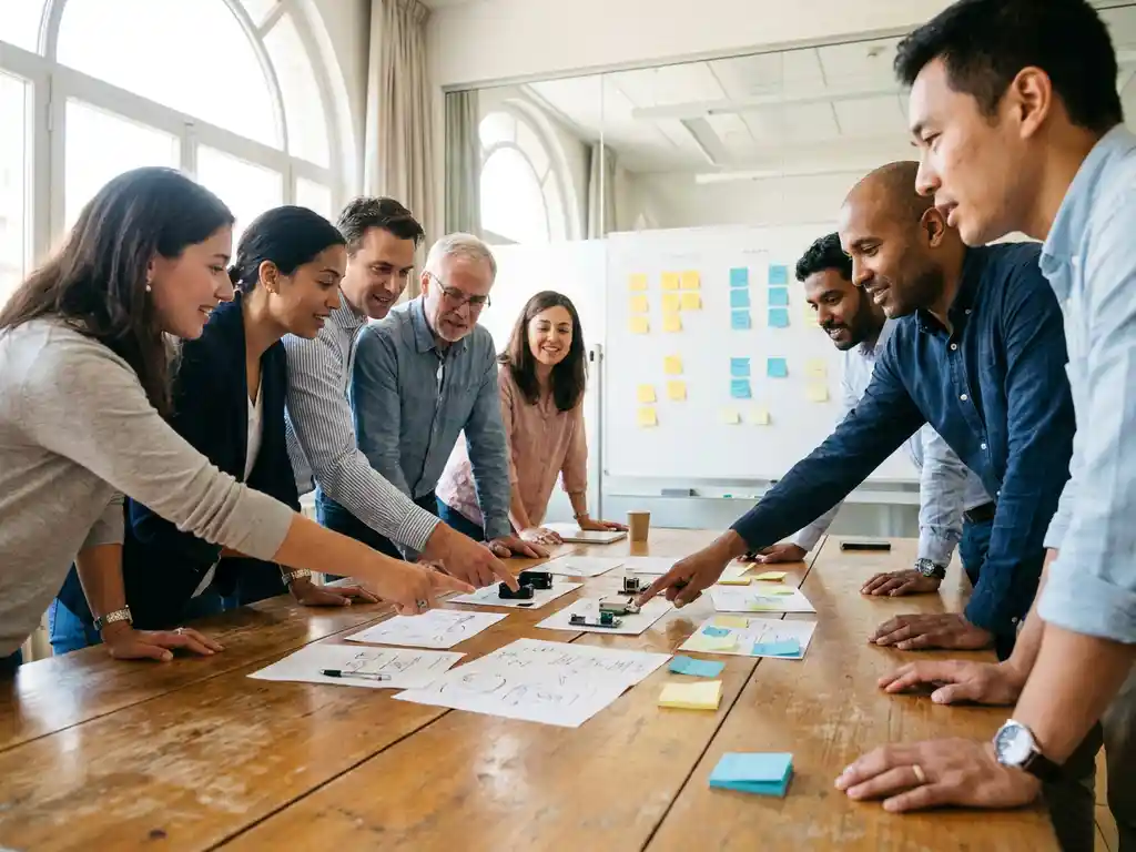 Diverse researchers collaborating around wooden conference table with paper sketches, prototypes, and colorful sticky notes in natural light
