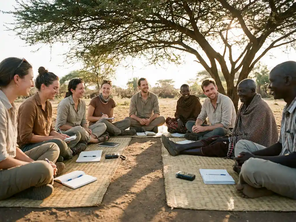 Diverse researchers and community members sitting in circle on woven mats under tree during golden hour discussion session