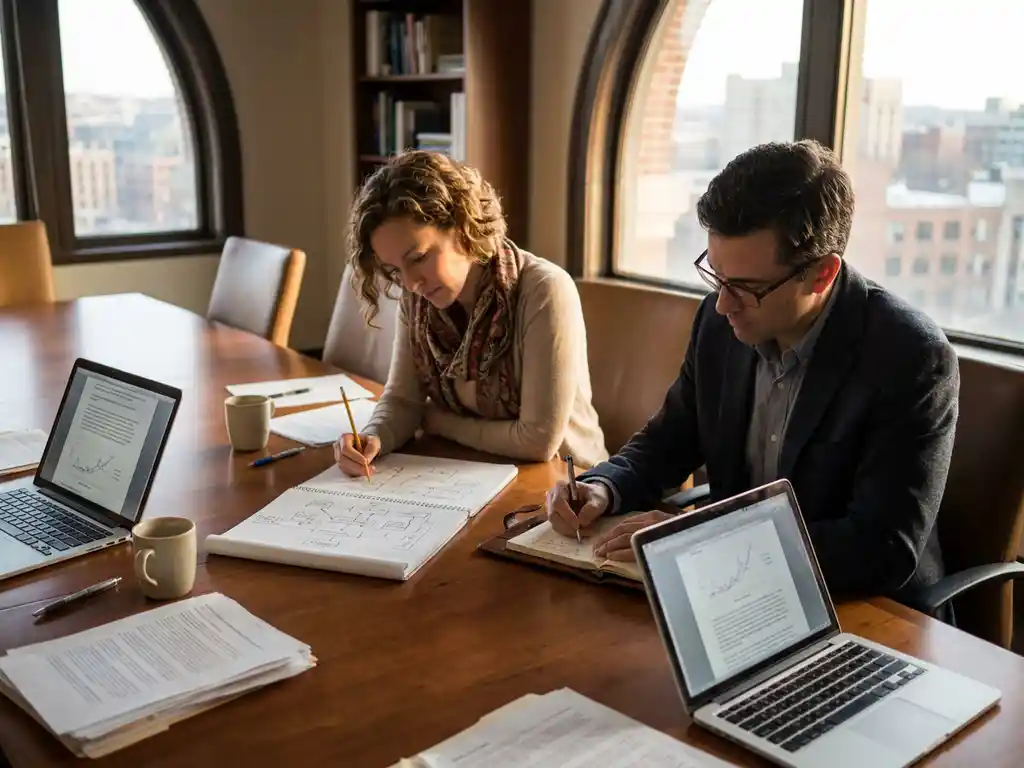 Two researchers from different cultural backgrounds collaborating at wooden conference table, one sketching diagrams while other takes notes, laptops and academic papers visible in warm natural light