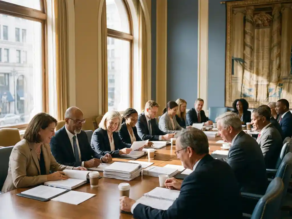 Diverse delegates reviewing printed reports around a conference table in a sunlit institutional meeting room during collaborative discussion.