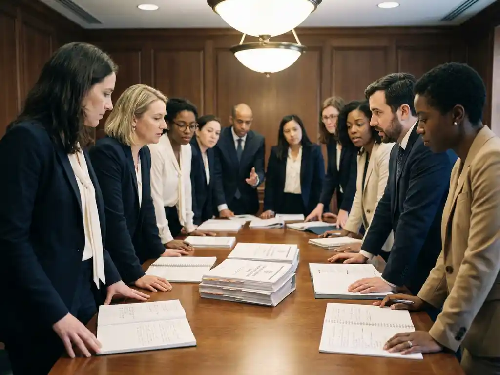 Diverse delegates in formal attire discussing policy documents at a large conference table under warm institutional lighting.