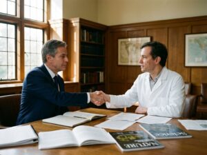 Diplomat in navy suit shaking hands with scientist in lab coat over conference table with research papers and journals.