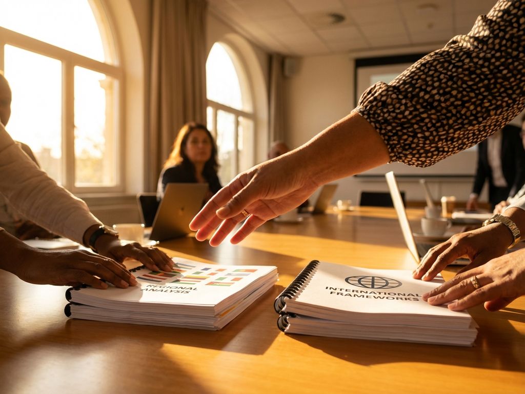 Diverse hands reaching across conference table toward research document stacks with regional and international symbols