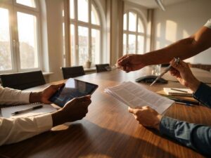 Diverse hands reaching across wooden conference table holding research tools including tablet with data, scientific papers, microscope slide, and lab equipment in sunlit collaborative workspace.
