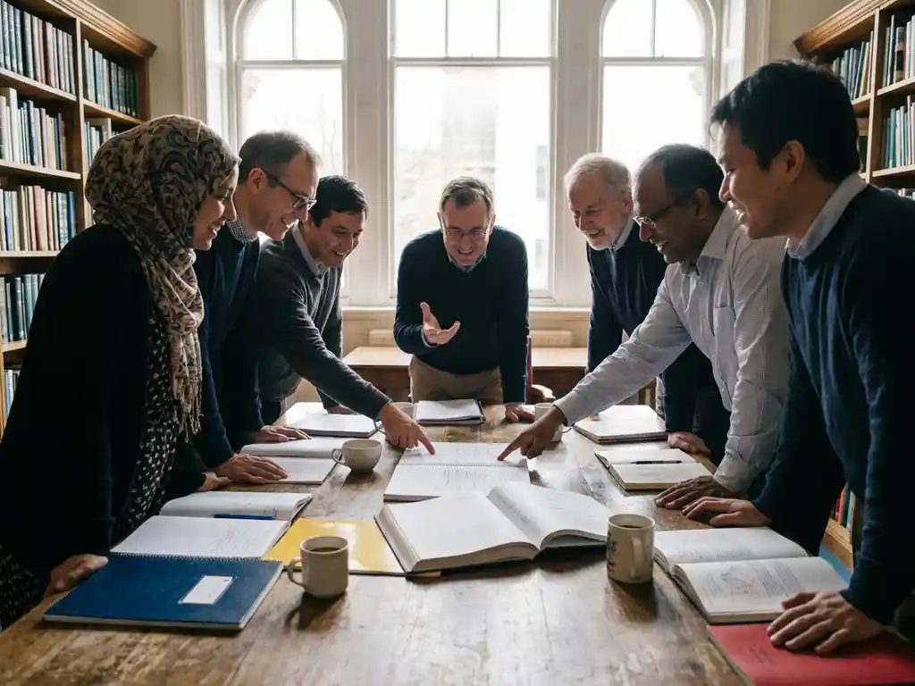 Diverse researchers collaborating around wooden conference table with notebooks, journals, and coffee cups in natural light