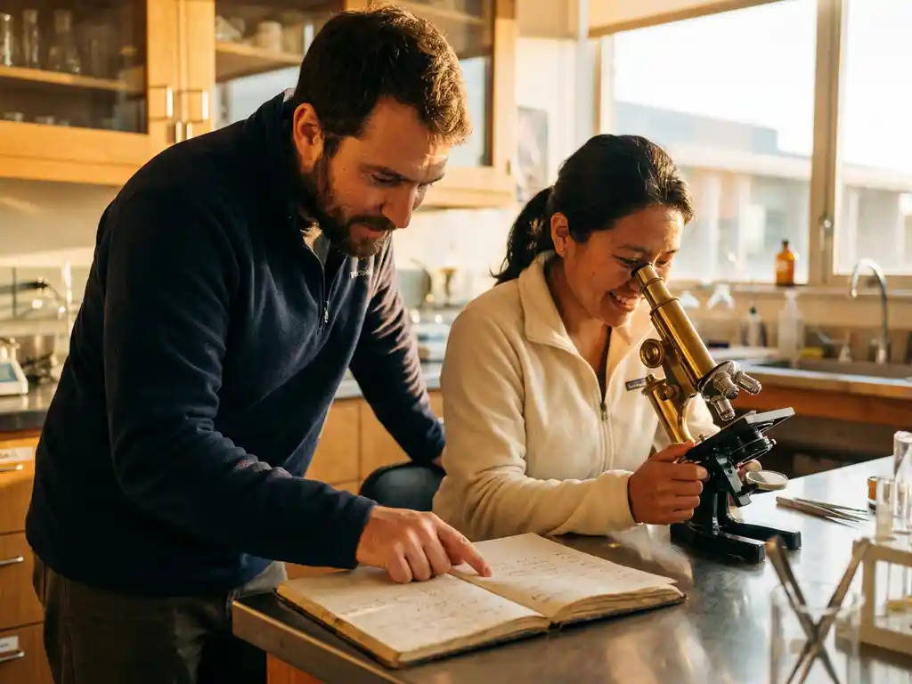Two diverse researchers collaborating at laboratory bench, one pointing to notebook data while other adjusts microscope in golden window light