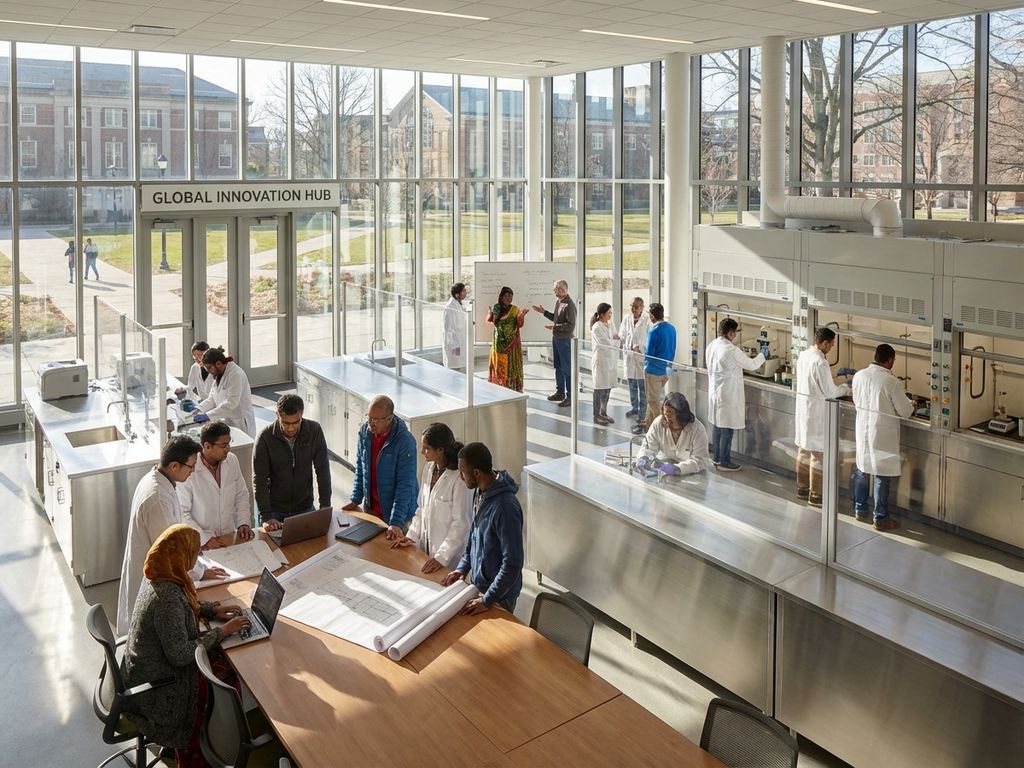 Diverse scientists collaborating on research in modern glass-walled laboratory with natural lighting and advanced equipment.