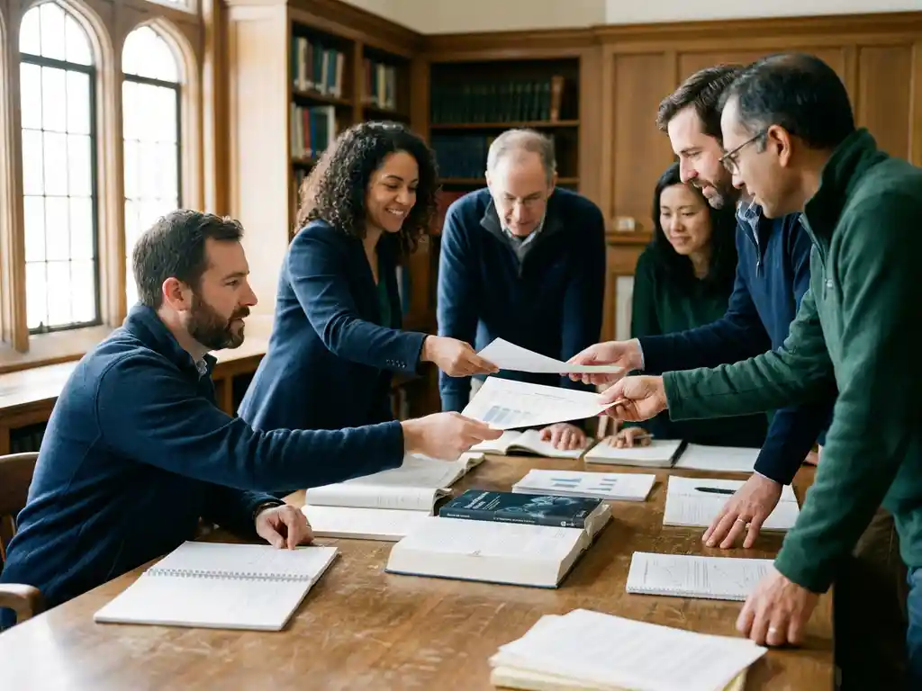 Diverse researchers collaborating around wooden table with notebooks, journals, and papers, sharing documents in warm natural light