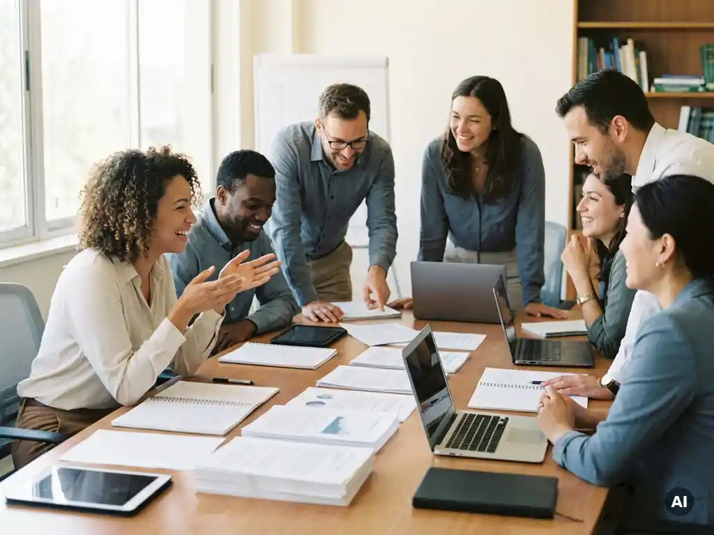 Diverse research team collaborating around a conference table with open notebooks, reports, and laptops in a sunlit meeting room.