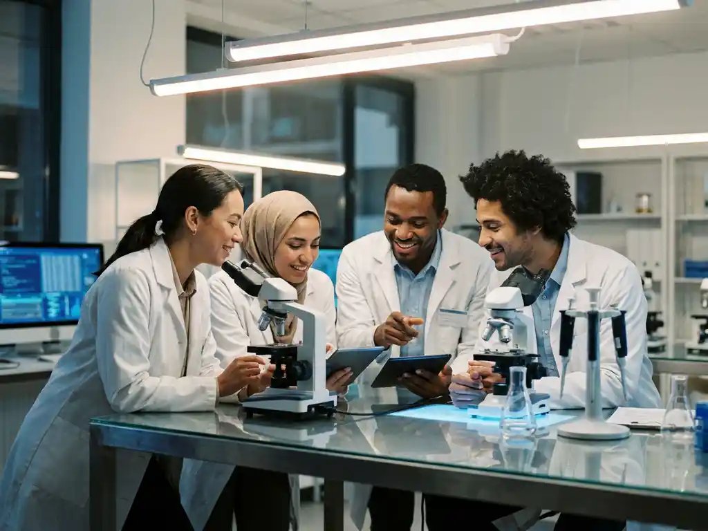 Diverse scientists collaborating around laboratory bench examining research samples under fluorescent lighting