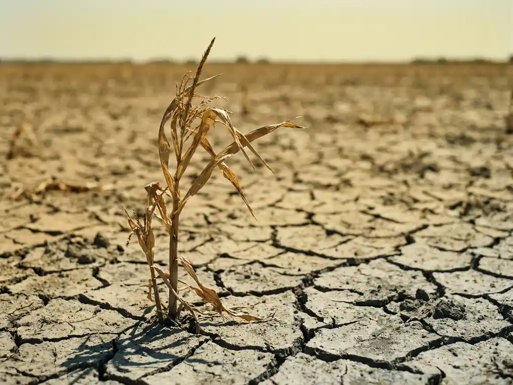 Cracked, sun-baked farmland with deep soil fissures and a single withered crop stalk under harsh midday light, showing severe drought damage.