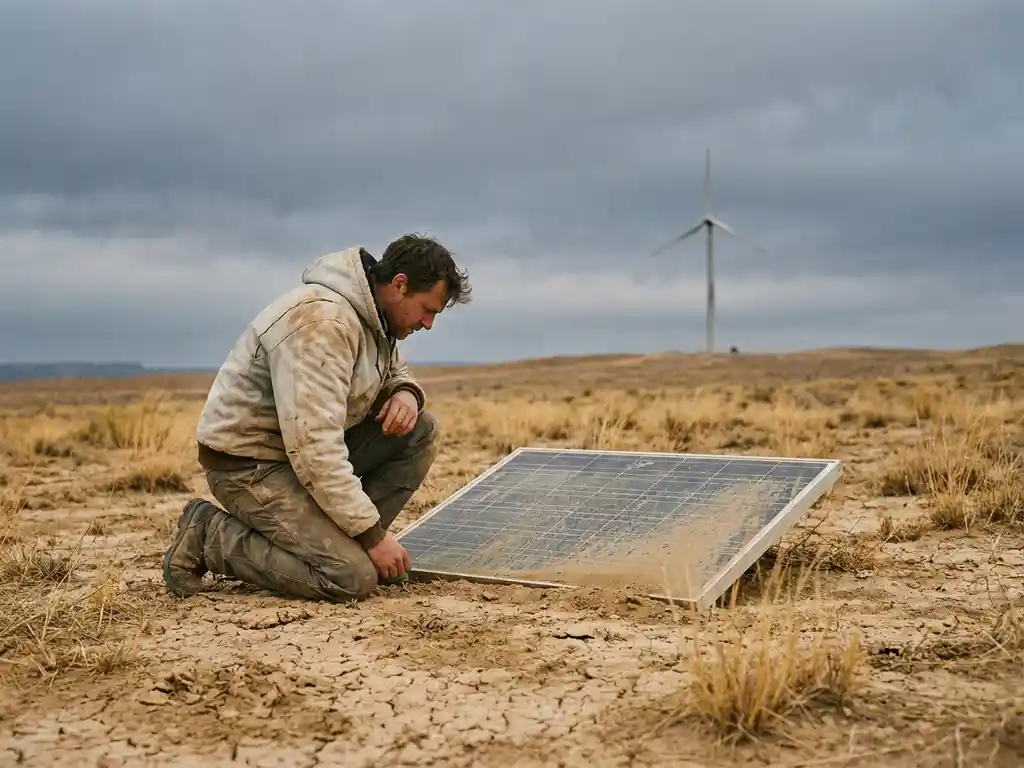 Researcher kneeling beside a dust-covered solar panel in cracked drought-parched earth, idle wind turbine visible under overcast sky.