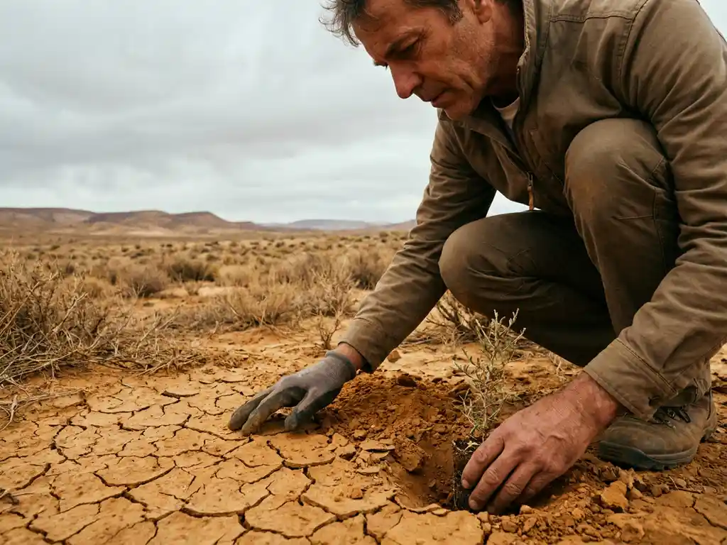 Field researcher planting a seedling in drought-cracked earth, arid landscape stretching behind under an overcast sky.