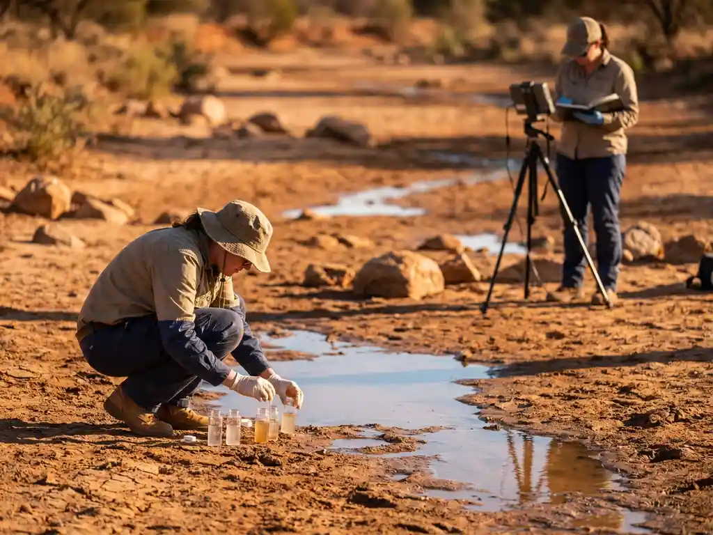 Research scientist collecting water samples in glass vials from drought-stricken riverbed with cracked earth and shallow pools