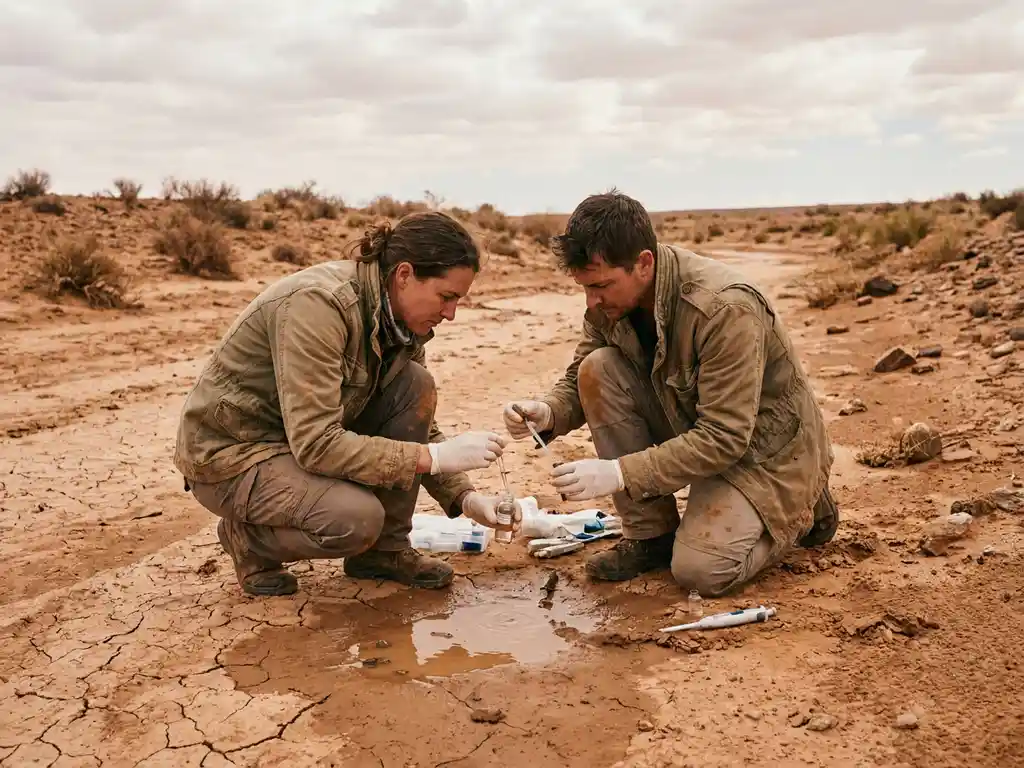 Climate researcher collecting water samples from a cracked, dry riverbed in an arid landscape during field research.