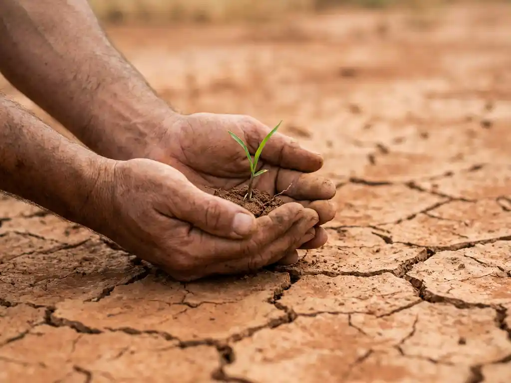 Weathered hands holding a fragile green seedling above cracked, dry earth, symbolizing hope amid drought and climate resilience.