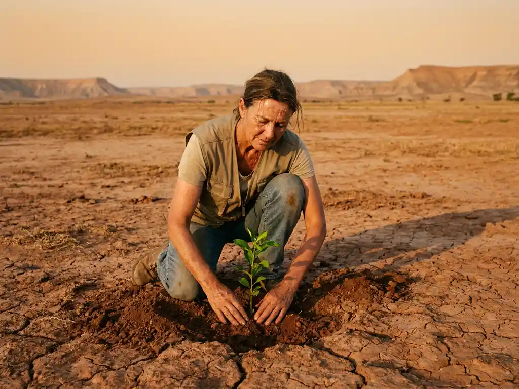 Researcher kneeling in drought-cracked earth, cupping soil around a thriving green sapling amid a vast arid landscape at golden hour.