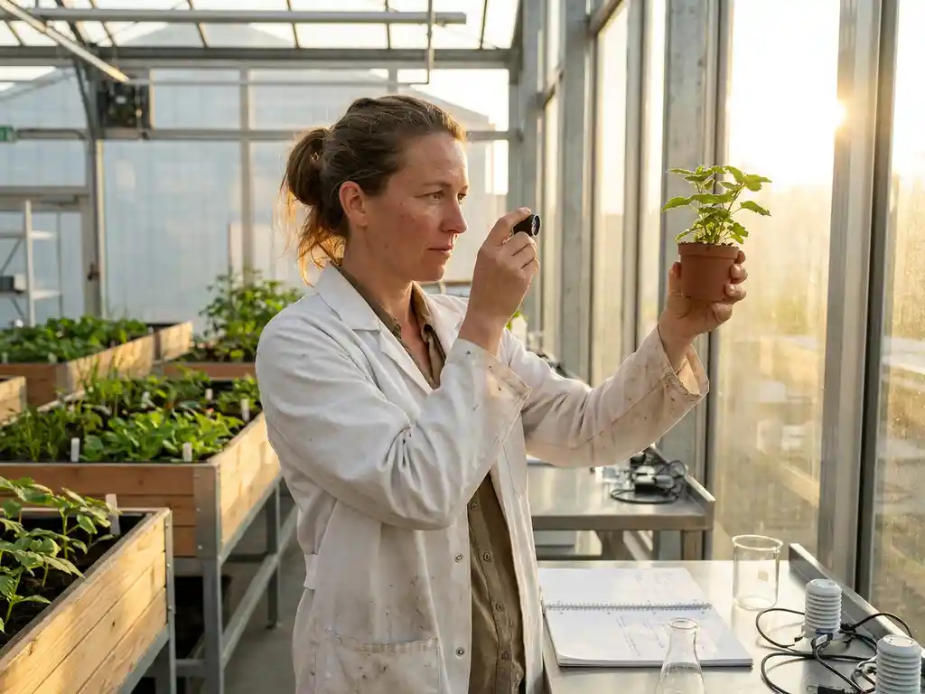 Scientist in white lab coat examining drought-resistant plant cutting in sunlit greenhouse with experimental seedlings