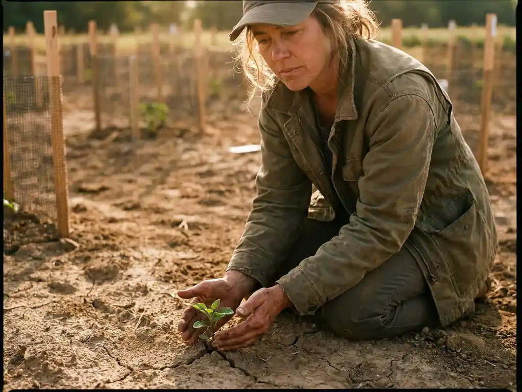 Scientist in field jacket examining drought-resistant seedlings growing through cracked earth during golden hour