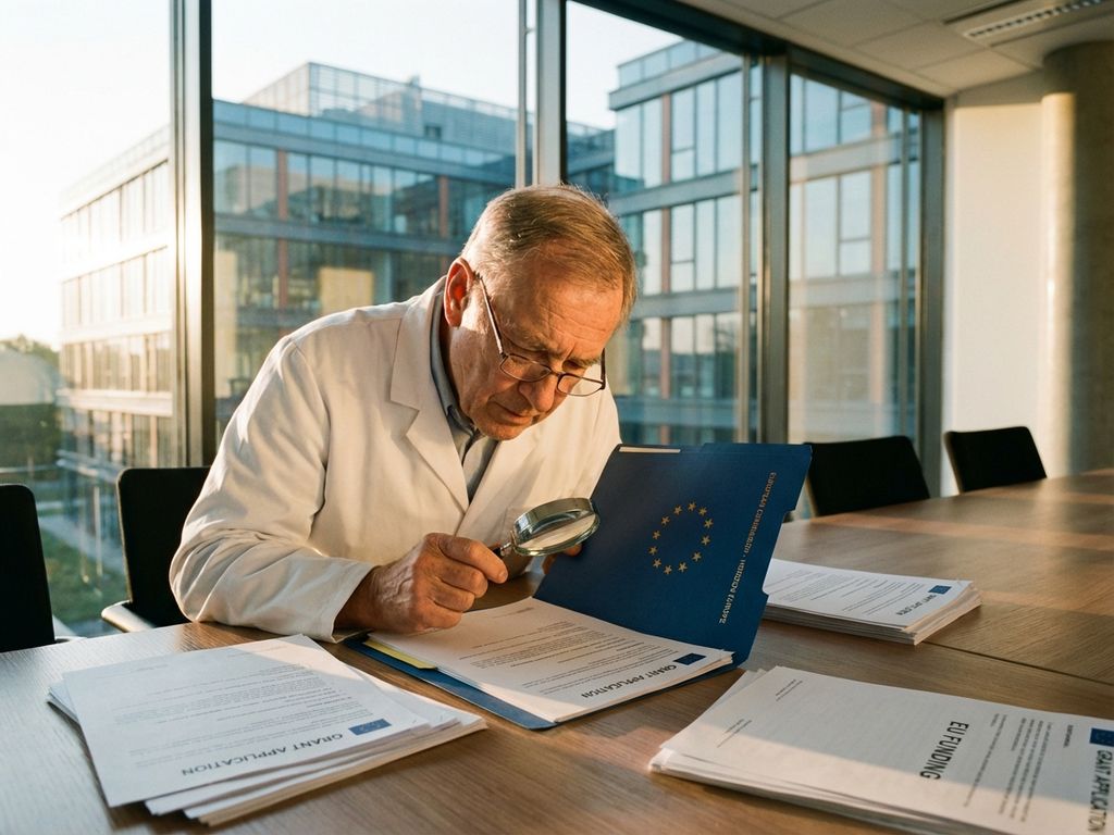 Researcher in white lab coat reviewing EU funding documents at conference table in modern research facility