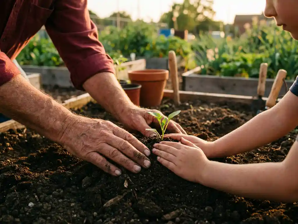Weathered farmer's hands guiding a child to plant a seedling in dark soil at a community garden during golden hour.