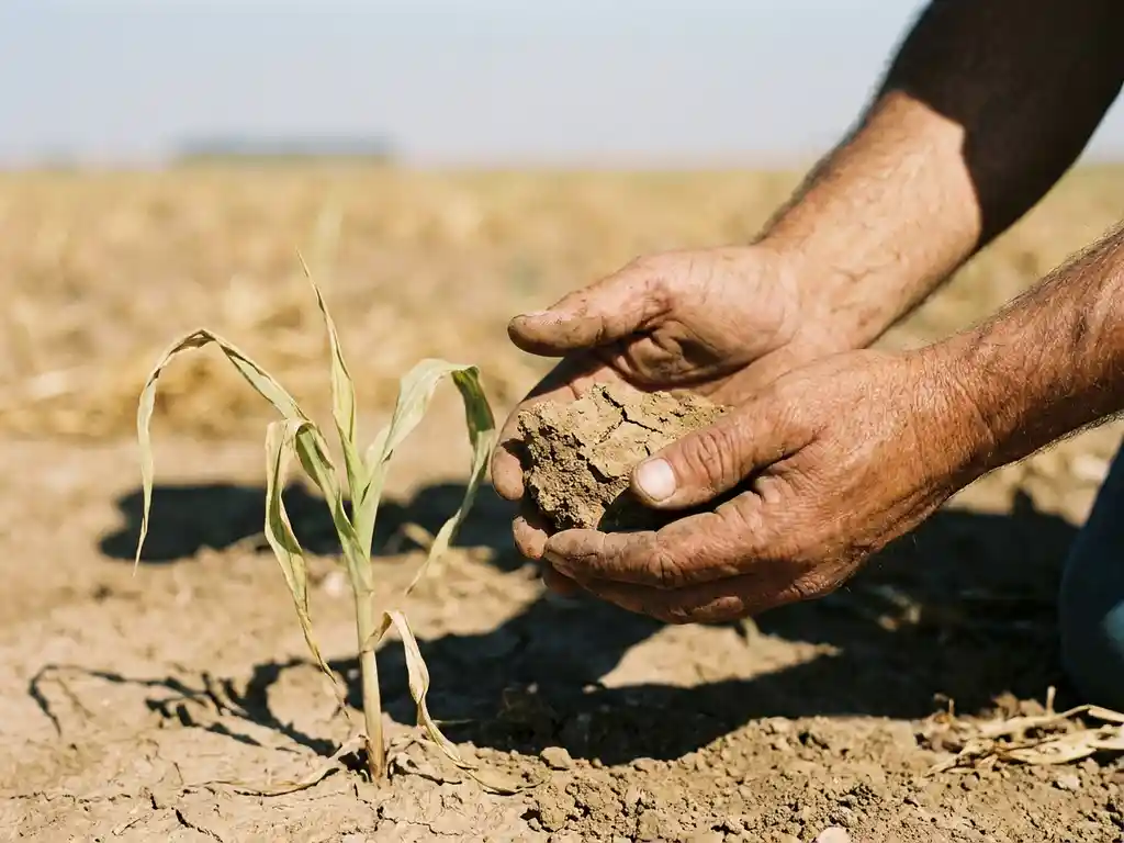 Weathered farmer's hands cupping dry, cracked soil beside a wilting seedling on drought-stricken farmland.