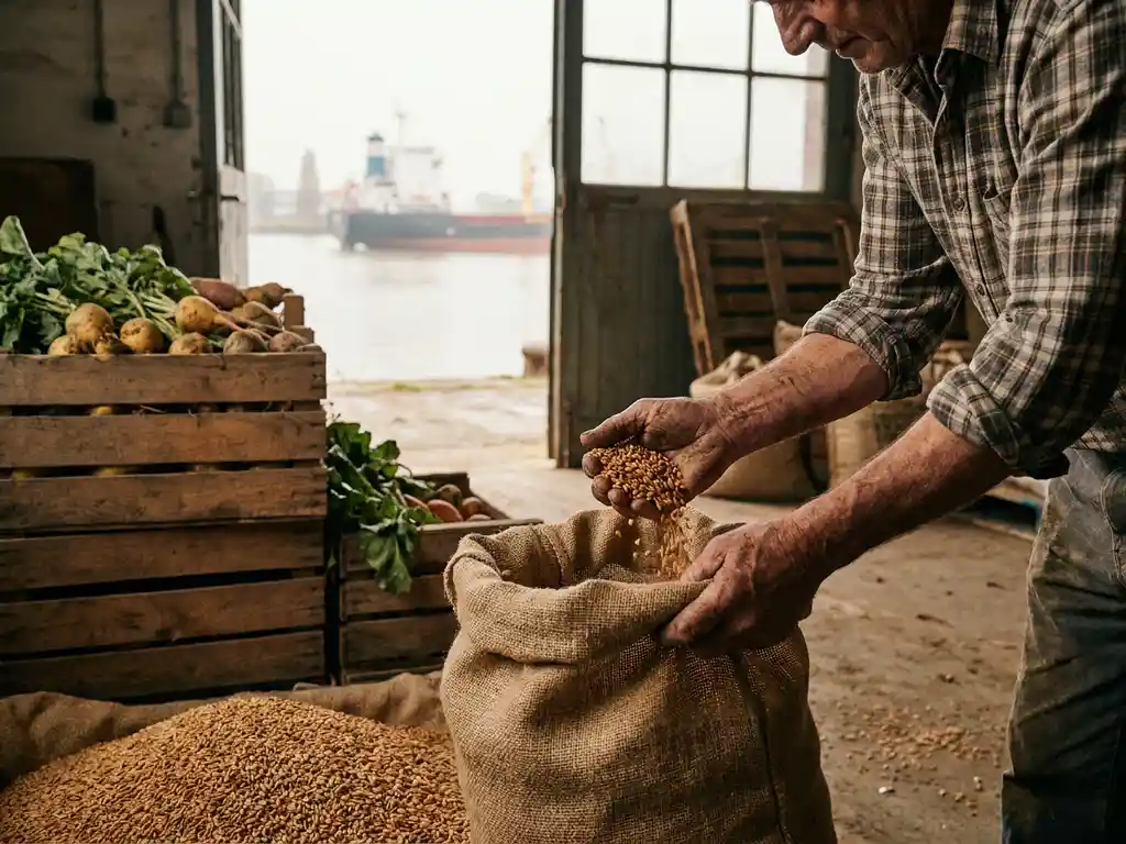 Weathered farmer's hands sorting harvested grain into burlap sacks beside wooden crates of fresh vegetables, cargo ship visible through warehouse doorway.