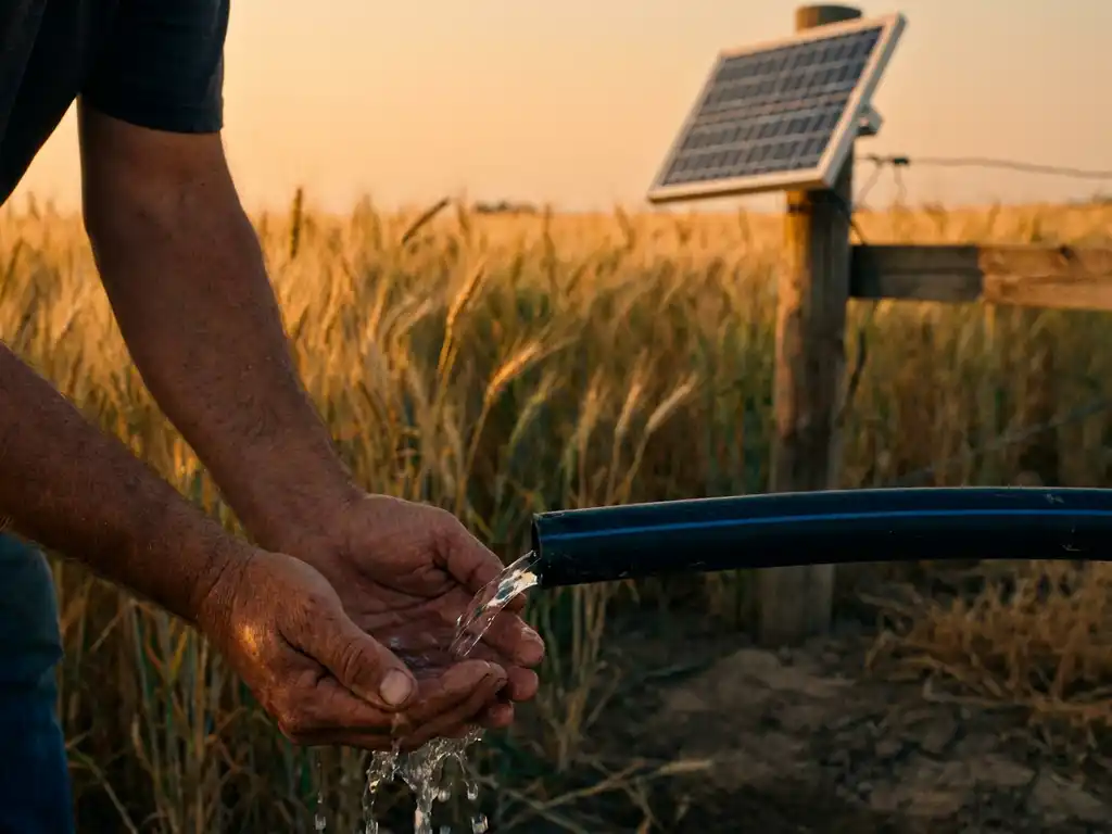 Farmer's weathered hands cupping fresh water from irrigation pipe with golden wheat stalks and solar panel in background