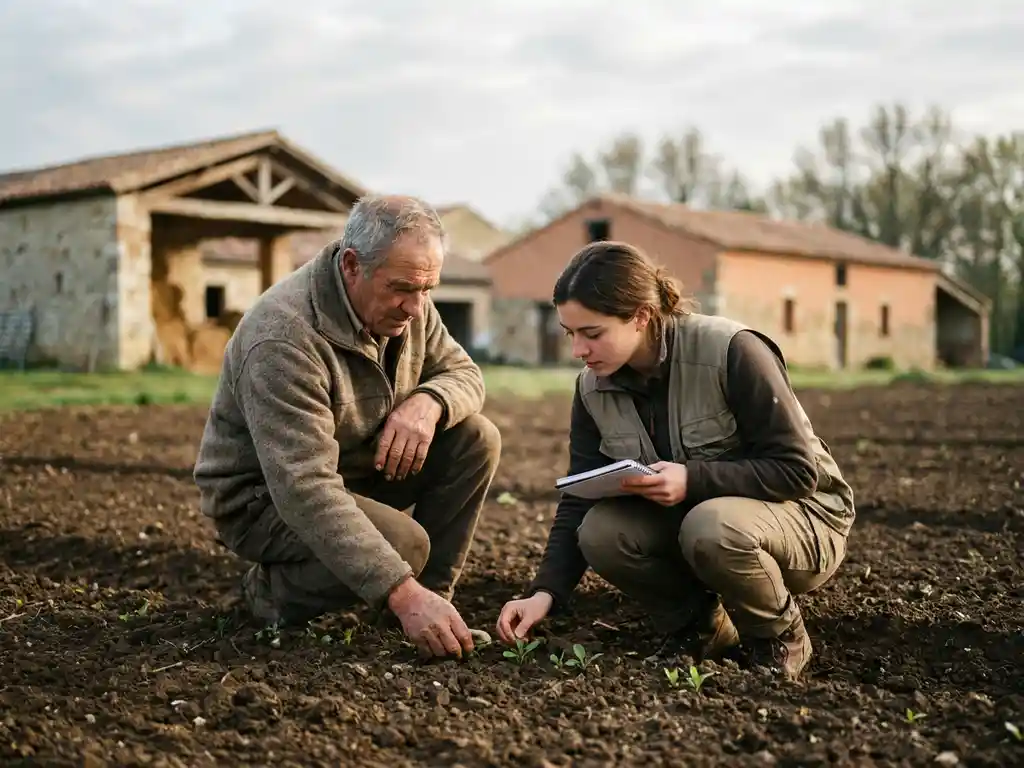 Farmer and young researcher crouching over seedlings in freshly tilled soil, examining crop growth at eye level in a rural post-recovery landscape.