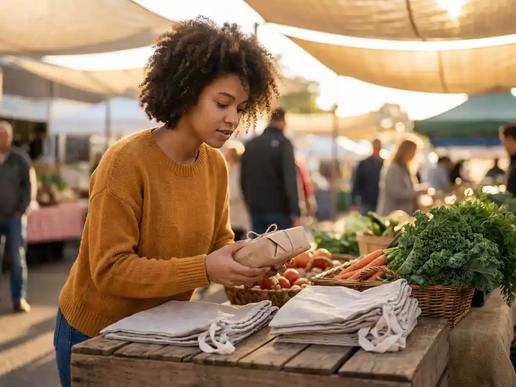 Young woman examining eco-friendly packaging at a sunlit farmers market, reusable cloth bags and fresh local vegetables on a wooden stall nearby.