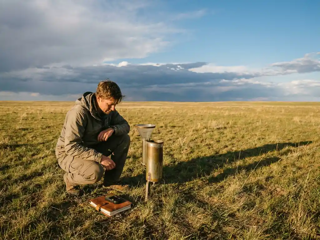 Field meteorologist crouching beside a vintage rain gauge in open grassland, with a leather journal and anemometer nearby under storm clouds at golden hour.