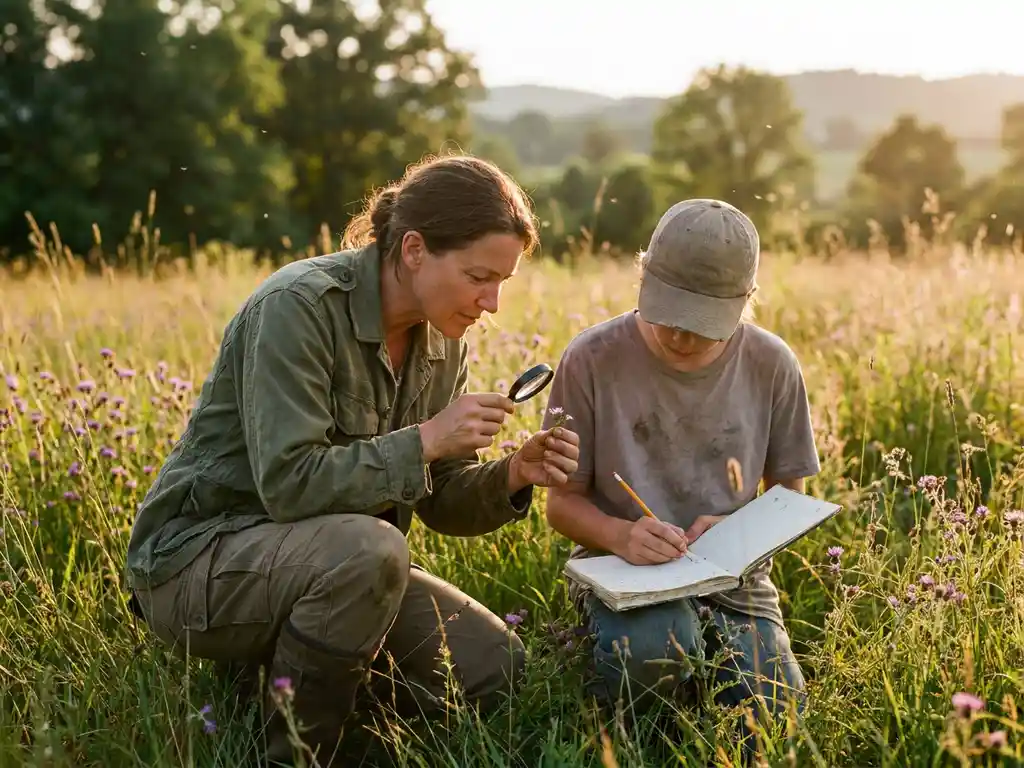 Researcher examining wildflowers with magnifying glass while volunteer records data in notebook during golden hour in natural meadow