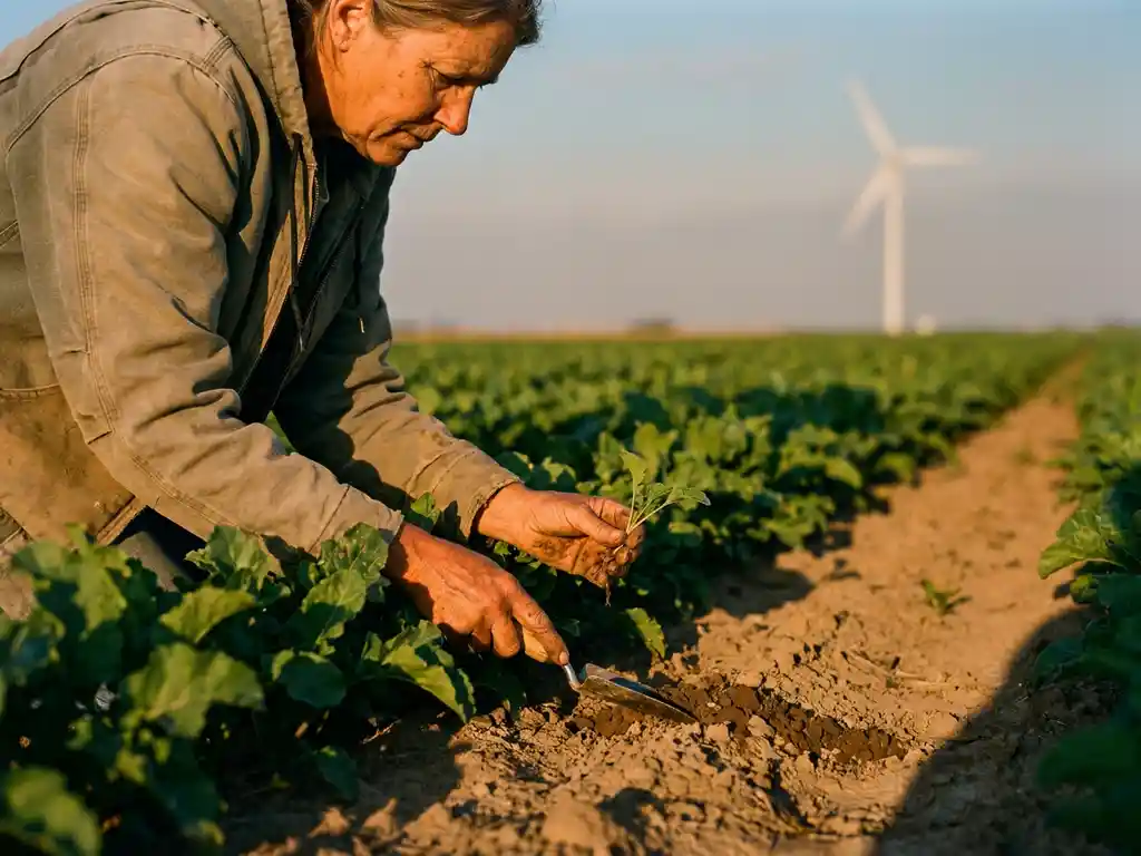 Field researcher examining soil and seedlings among healthy crops at golden hour, with a wind turbine on the horizon.